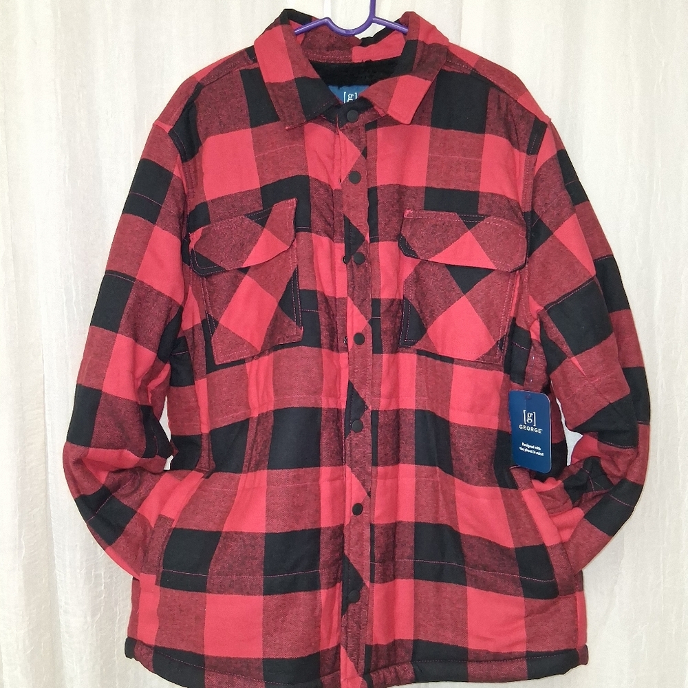 George Men's New Red and Black Checkered Shirt Jacket Long Sleeves Sz XL - Picture 9 of 16